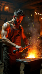 “Blacksmith Forging Metal” – A blacksmith in a traditional workshop hammering heated metal on an anvil, with sparks flying around in a fiery forge.
