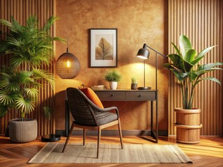 Cozy Workspace Macro Photography: Rattan Chair, Brown Walls, Generative AI Art