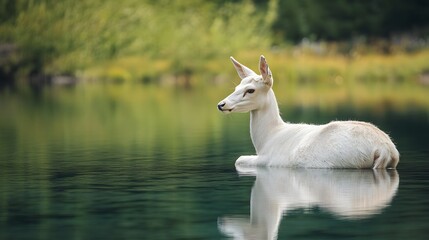Obraz premium White Deer Resting Calmly in a Serene Lake