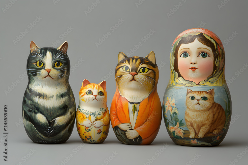 Wall mural A set of Russian nesting dolls with cats and a woman. The dolls are painted and have a whimsical, playful feel to them