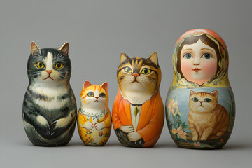 Fototapeta premium A set of Russian nesting dolls with cats and a woman. The dolls are painted and have a whimsical, playful feel to them