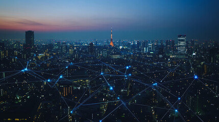 Fototapeta premium Smart digital city with connection cyber security network reciprocity over the cityscape . future smart wireless digital city and social media networking systems that connects people within the city