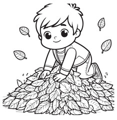 Coloring page education kid a boy in up of leaves