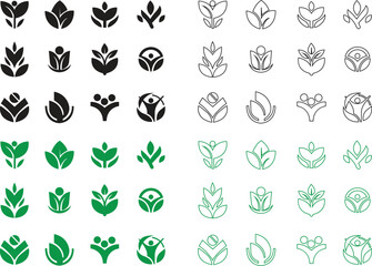 Eco friendly icons set in trendy flat and line style. Ecologic food stamp. Organic natural food vectors illustration. Element designs for natural concept collection isolated on transparent background.