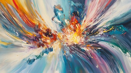 Dynamic abstract color explosion art studio digital artwork creative space wide angle vibrant aesthetic