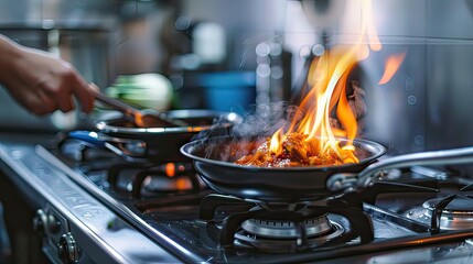 An adult cooking in a modern kitchen.