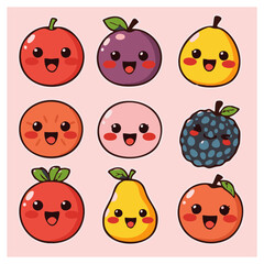 A group of cute lovely adorable hand-drawn happy joyful fruit cartoon illustration
