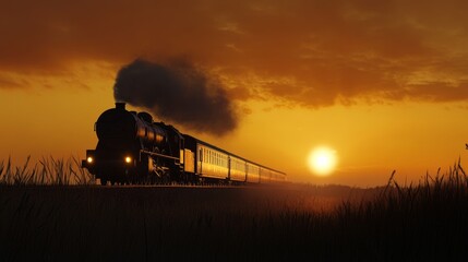 Obraz premium A train approaches closely silhouetted by amber sunset