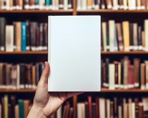 Blank Book Cover Held Before Library Bookshelves