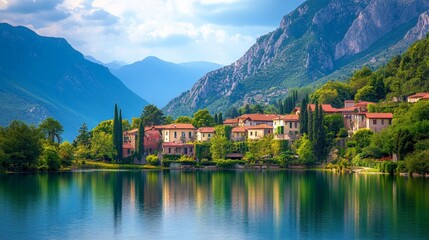 Fototapeta premium Quaint Village with Red Roofed Houses by a Serene Mountain Lake