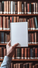 Blank Book Cover Held Before Bookshelves