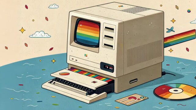 A whimsical perspective of a vintage computer tower with the CDROM tray extending outwards