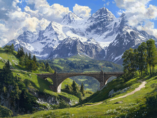 Breathtaking mountain bridge over green hills and blooming meadows in the alps captivating landscape photography