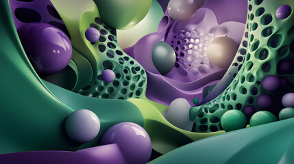 
3d rendering of Green and purple abstract geometric background. Scene for advertising, technology, showcase, banner, game, sport, cosmetic, business, metaverse. Sci-Fi Illustration. Product display