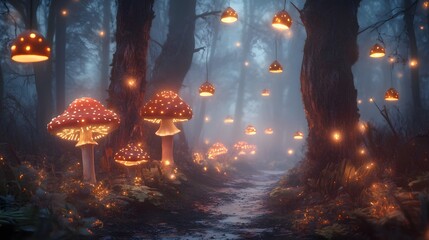 Enchanting glowing mushrooms illuminate misty forest pathway nature scene fantasy environment nighttime viewpoint