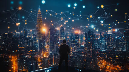 Fototapeta premium Smart digital city with connection cyber security network reciprocity over the cityscape . future smart wireless digital city and social media networking systems that connects people within the city