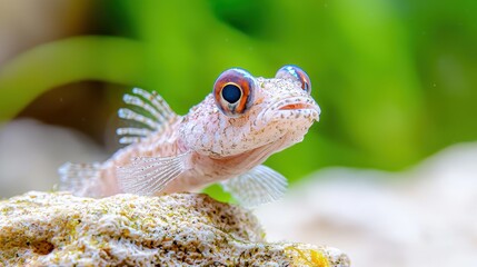 Close-up of a small, pale fish with large eyes perched on a rock in an aquarium.
