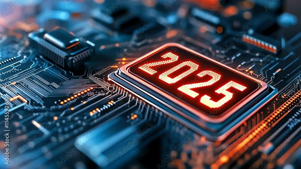 Poster futuristic microchip with the year 2025 illuminated on a circuit board.