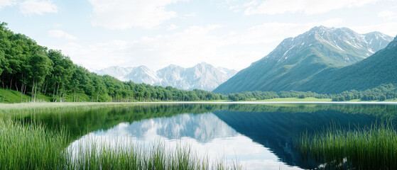 Naklejka premium Reflective Mountain Lake: A Natural Background, Ideal for Creating Inspiring Wallpaper or Header