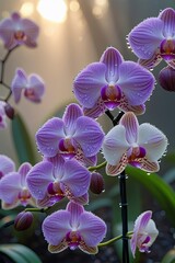 Obraz premium The flowers are in shades of lavender, pink, and white, and the air is misty with the soft light of the rising sun illuminating the garden