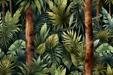 Watercolor pattern wallpaper. of a jungle , forest, greenery landscape. banner/web/design