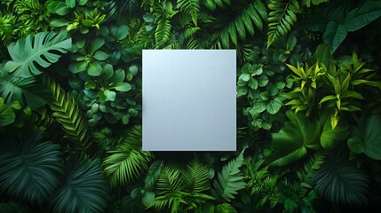 Blank square paper mockup surrounded by lush green tropical foliage.