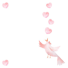 Cute bird singing love song hand painted watercolor frame isolated on white. High quality pink clip art in cartoon style great for children products, packages, St Valentine cards, stationary