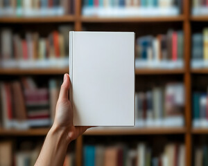Blank Book Cover Held in Hand Against Blurred Bookshelf Background