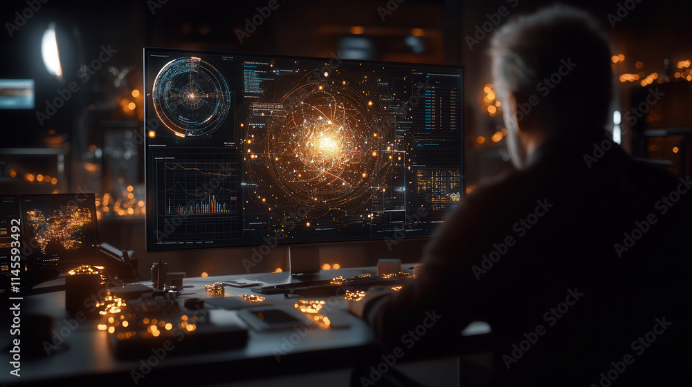 Poster businessman analyzing investment trends on multiple screens, surrounded by data visualizations and g