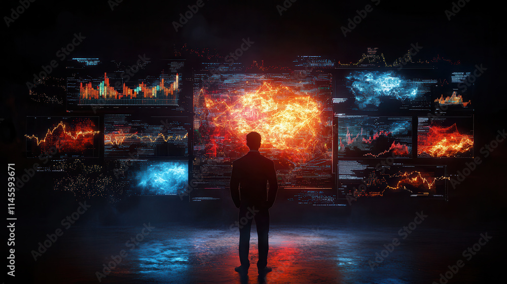 Poster businessman analyzing investment trends with data visualizations. scene conveys sense of focus and d