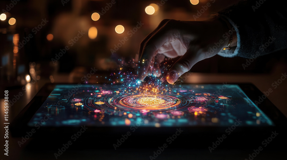 Poster hand manipulating digital data on tablet, creating vibrant sparkles and light. scene conveys sense o
