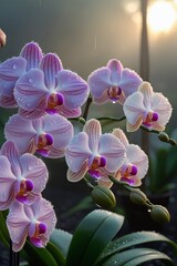 The flowers are in shades of lavender, pink, and white, and the air is misty with the soft light of the rising sun illuminating the garden