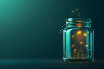 A jar with a green background and a lot of fireflies inside. The jar is filled with fireflies and the fireflies are glowing