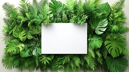 Blank white canvas surrounded by lush tropical foliage.