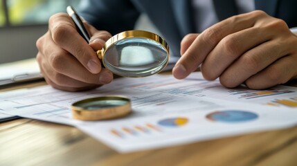 Businessman is carefully examining financial documents with a magnifying glass, highlighting the importance of thorough analysis in business. Audit and taxes