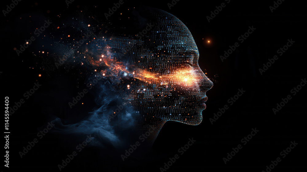 Poster digital human face composed of binary code and glowing elements, symbolizing technology and innovati