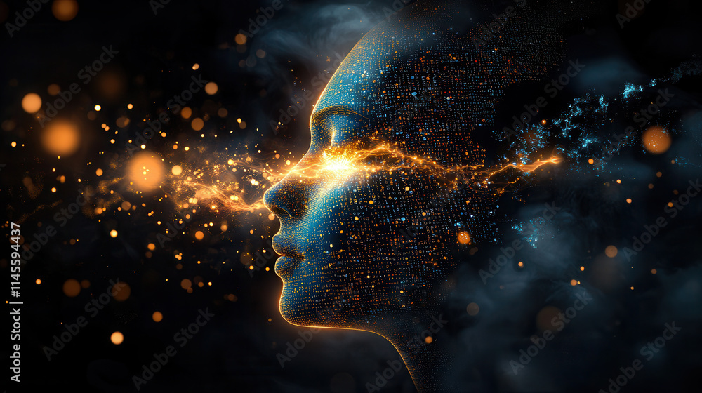 Aufkleber digital human face composed of binary code and glowing particles, showcasing futuristic aesthetic