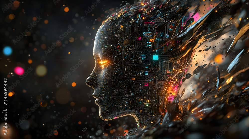 Poster digital human face made of binary code and glowing elements, representing technology and innovation