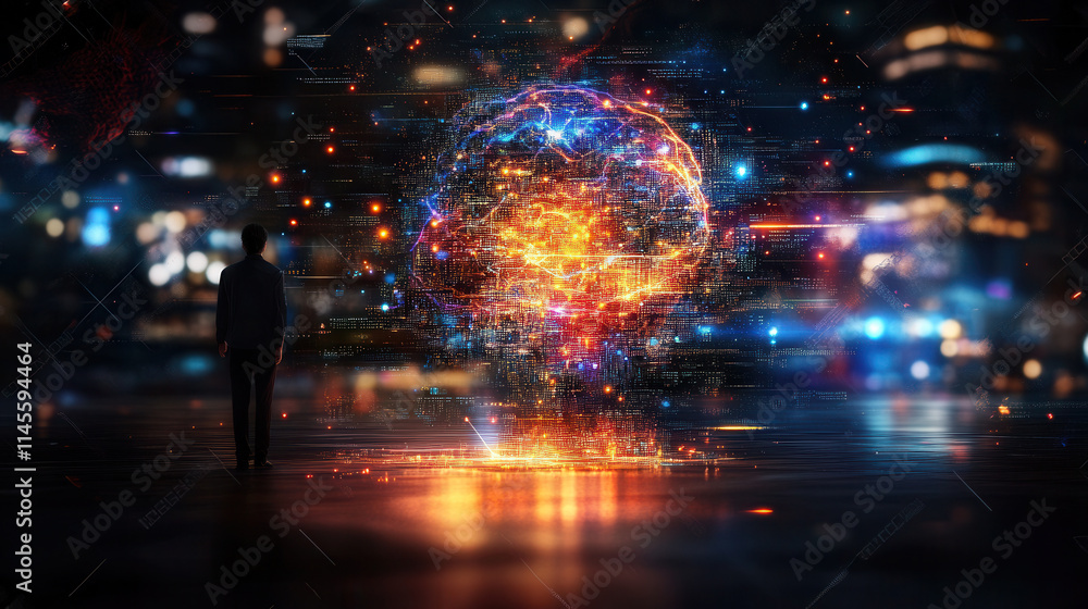 Aufkleber person stands before glowing digital brain made of binary code, symbolizing technology and innovatio