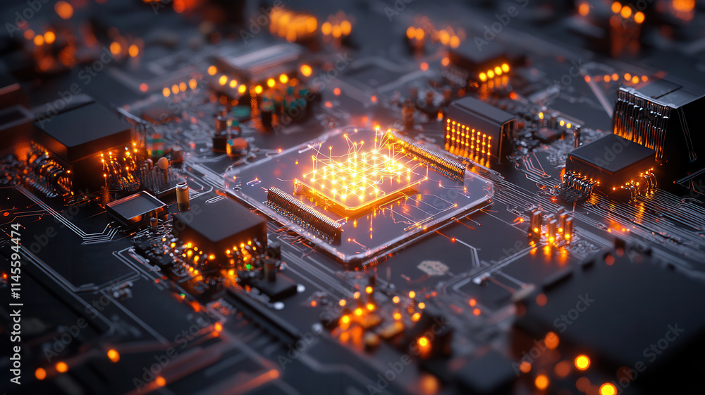 Poster digital landscape of interconnected ai nodes with glowing circuits and chips, showcasing advanced te