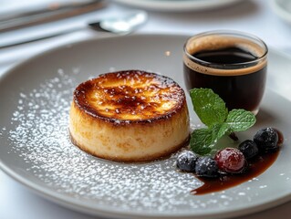 Caramel Custard Dessert, Coffee Cup on Table, Restaurant Setting for Advertisements and Recipe Blogs