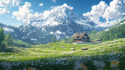 Obraz premium Scenic cows grazing in blooming meadows near traditional chalet in idyllic alpine landscape