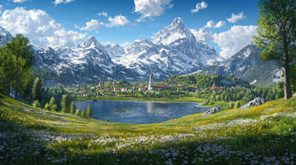 Fototapeta premium Idyllic mountain landscape with blooming meadows and lake picturesque village view nature scene scenic environment