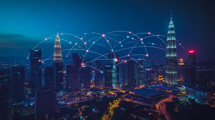 Obraz premium Smart digital city with connection cyber security network reciprocity over the cityscape . future smart wireless digital city and social media networking systems that connects people within the city