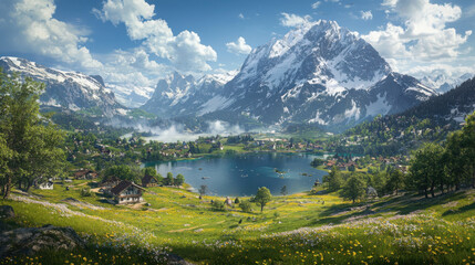 Fototapeta premium Idyllic mountain landscape with blooming meadows and a picturesque village by a lake in switzerland