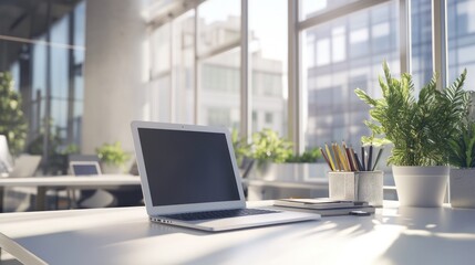 Modern Office Workspace: Laptop, Plants, and Sunlight