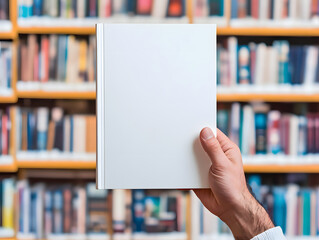Blank Book Cover in Front of Bookshelves