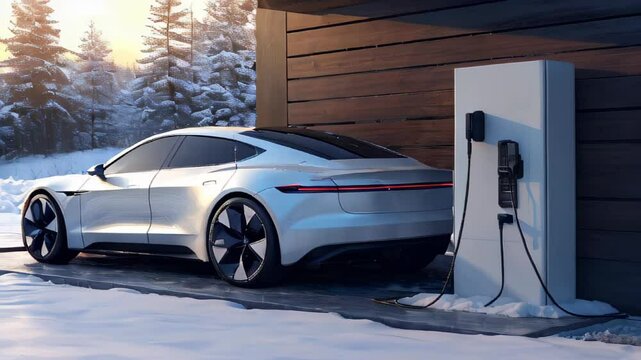 Generic electric vehicle EV hybrid car is being charged from wall charger on contemporary modern residential building house at winter.