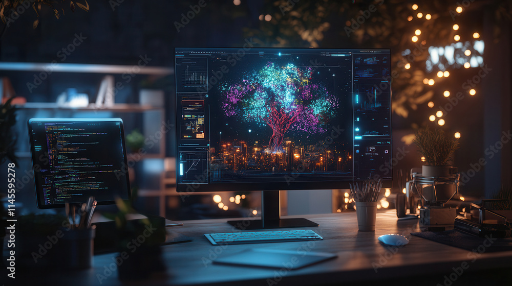 Poster modern workspace featuring computer displaying colorful holographic tree, symbolizing creativity and