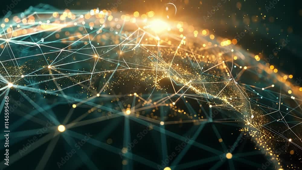 Poster complex network of interconnected nodes spanning across globe, symbolizing global communication and 